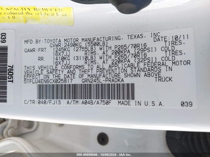 5TFLU4EN6CX025817 2012 Toyota Tacoma Base V6