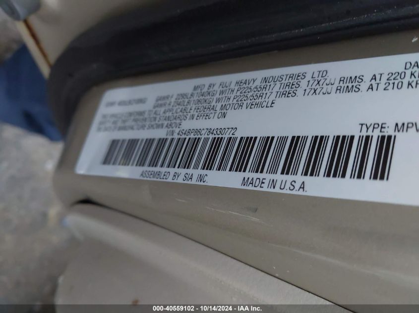 2008 Subaru Outback 3.0R Ll Bean VIN: 4S4BP86C784330772 Lot: 40559102