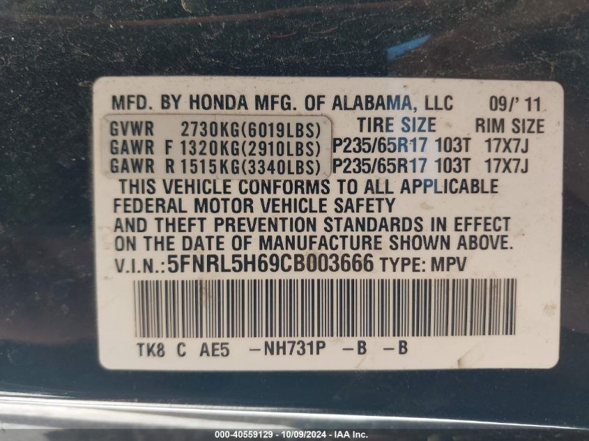 5FNRL5H69CB003666 2012 Honda Odyssey Ex-L