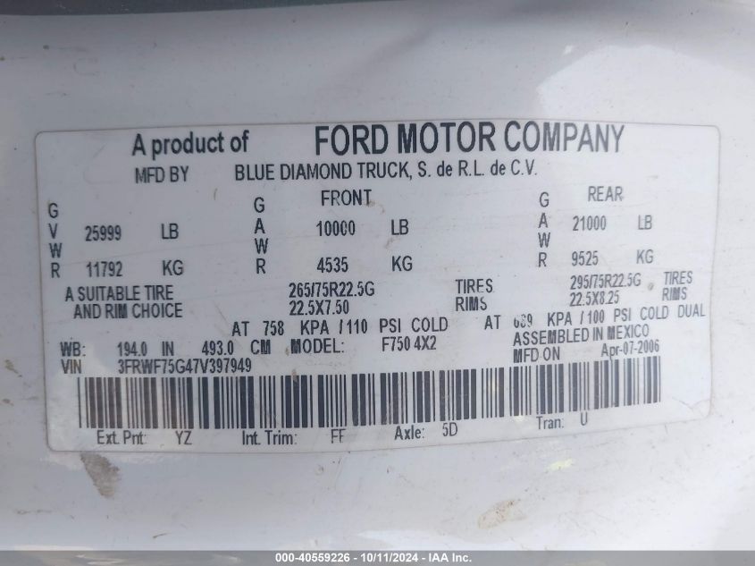 3FRWF75G47V397949 2007 Ford F750 Super Duty