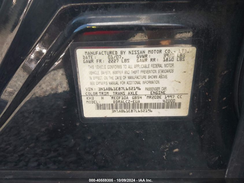 3N1AB61E87L652196 2007 Nissan Sentra 2.0