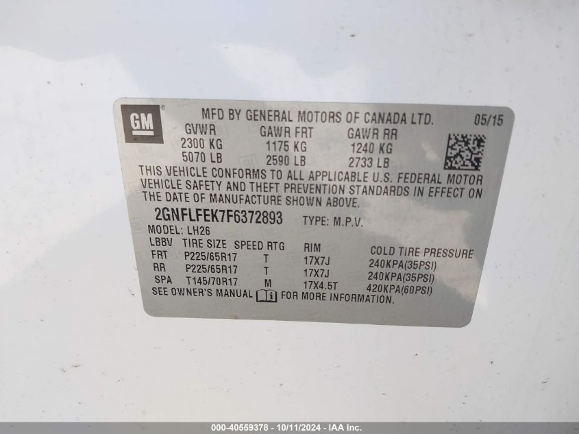 2GNFLFEK7F6372893 2015 Chevrolet Equinox Lt