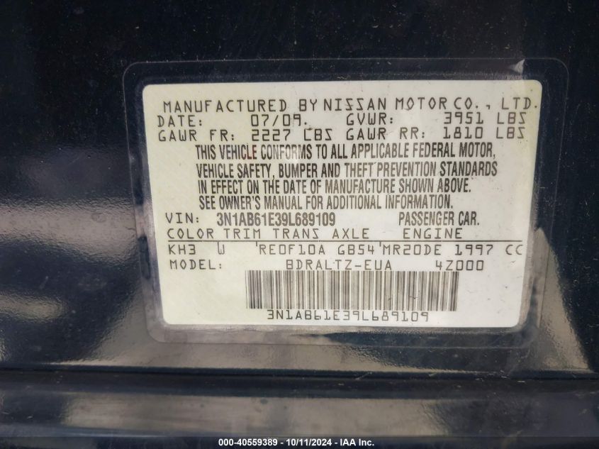 2009 Nissan Sentra 2.0S VIN: 3N1AB61E39L689109 Lot: 40559389