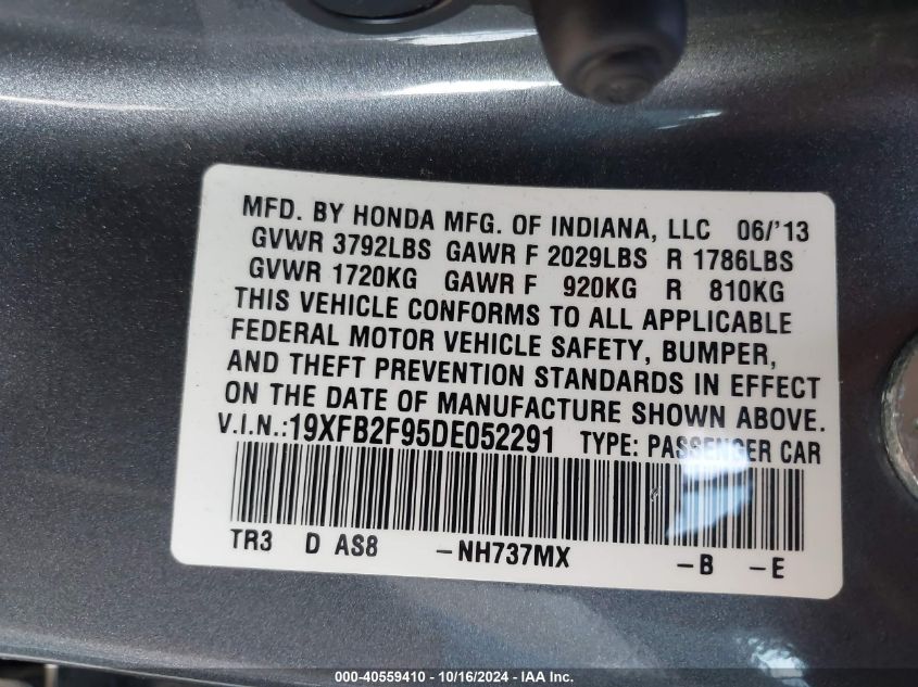 2013 Honda Civic Ex-L VIN: 19XFB2F95DE052291 Lot: 40559410