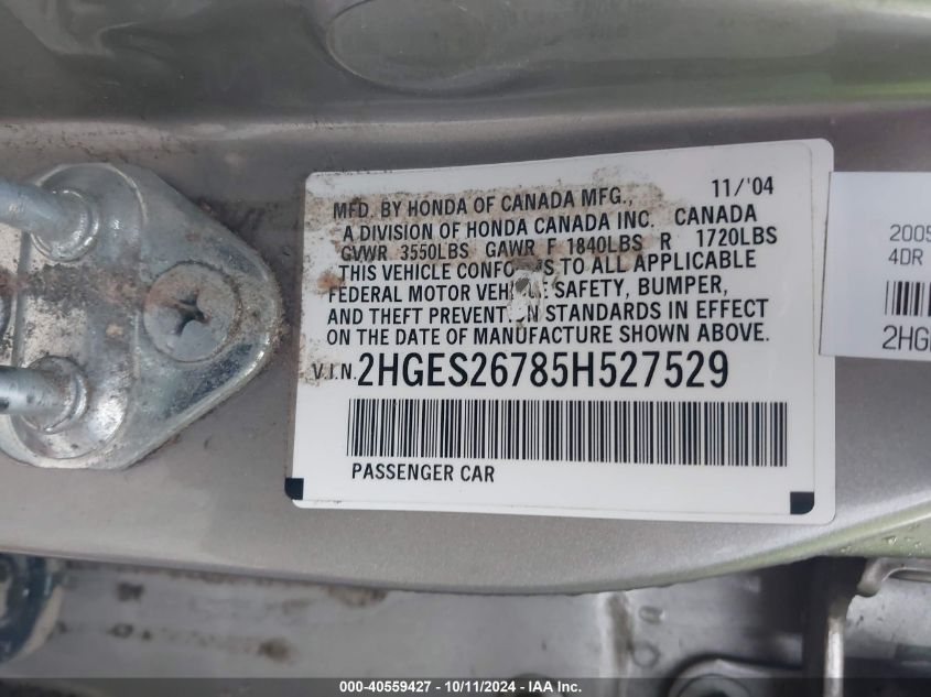 2HGES26785H527529 2005 Honda Civic Ex