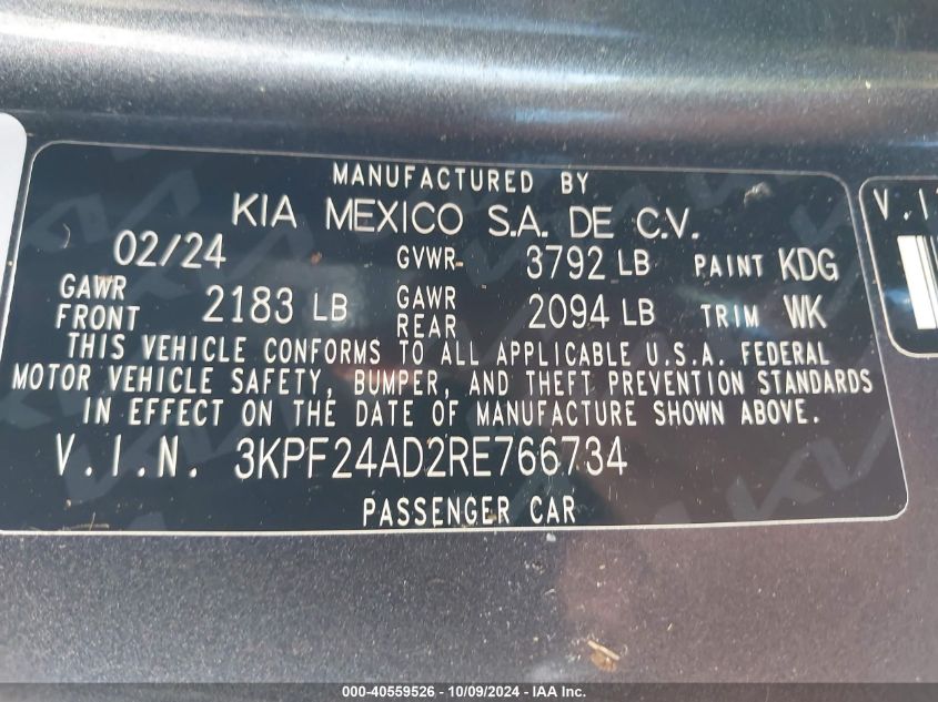 3KPF24AD2RE766734 2024 Kia Forte Lxs