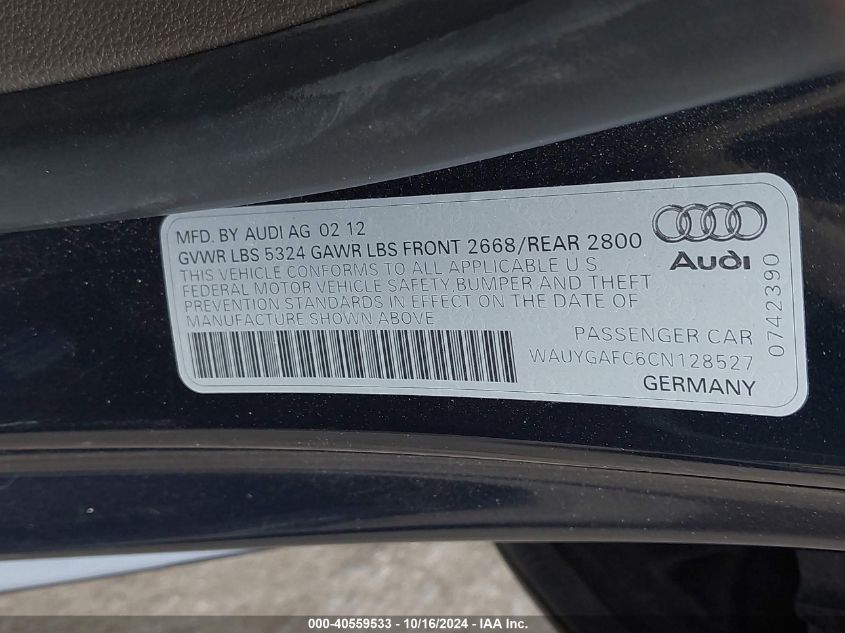 2012 Audi A7 Premium VIN: WAUYGAFC6CN128527 Lot: 40559533