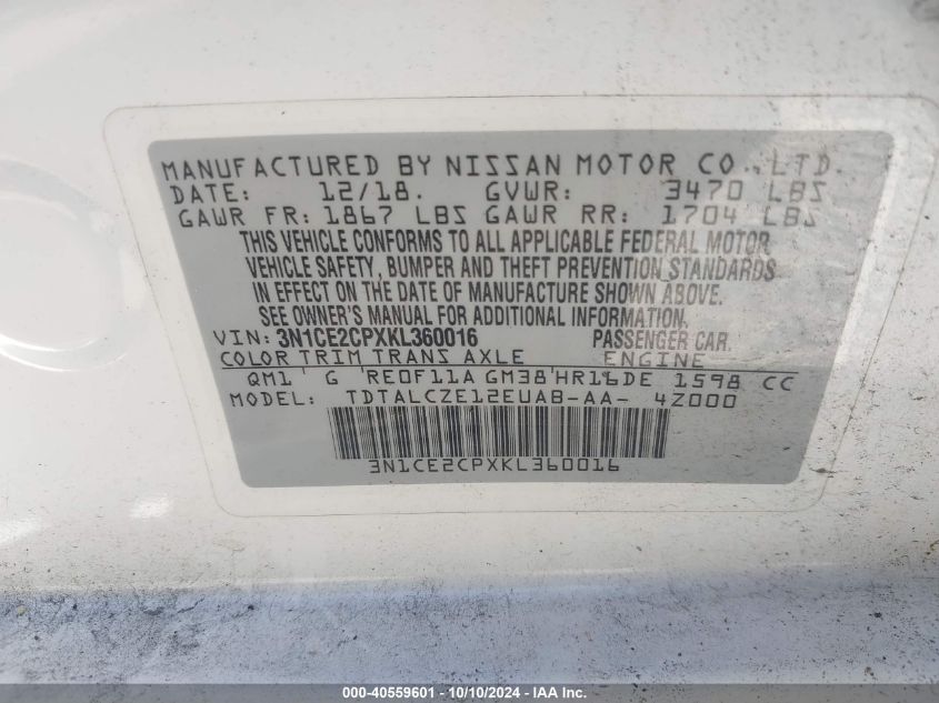 2019 Nissan Versa Note S VIN: 3N1CE2CPXKL360016 Lot: 40559601