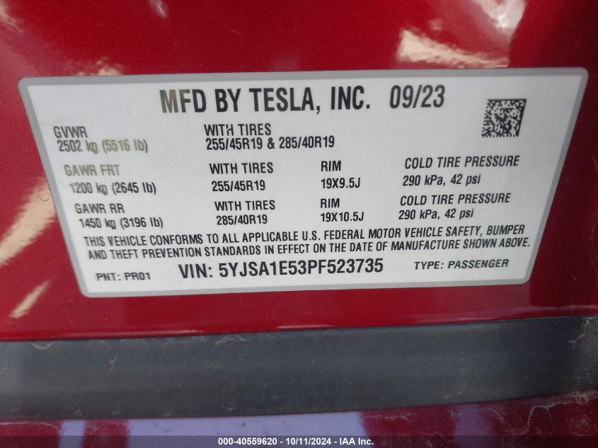 2023 Tesla Model S Dual Motor All-Wheel Drive/Standard Range VIN: 5YJSA1E53PF523735 Lot: 40559620