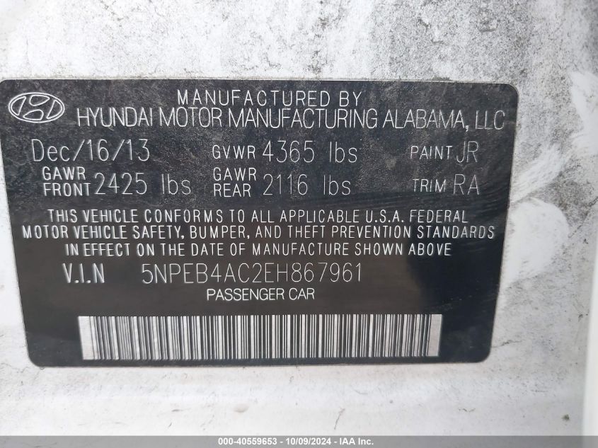 5NPEB4AC2EH867961 2014 Hyundai Sonata Gls