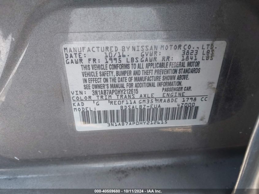 3N1AB7AP0HY212615 2017 Nissan Sentra S