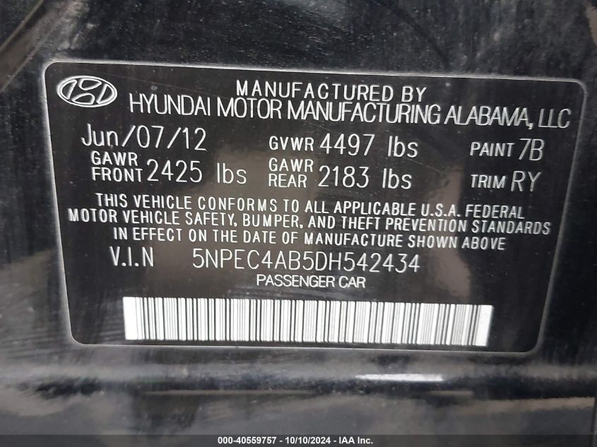 5NPEC4AB5DH542434 2013 Hyundai Sonata Limited 2.0T