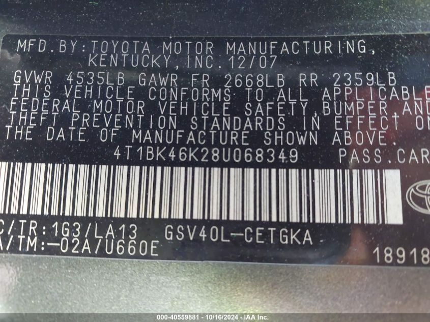 2008 Toyota Camry Xle V6 VIN: 4T1BK46K28U068349 Lot: 40559881