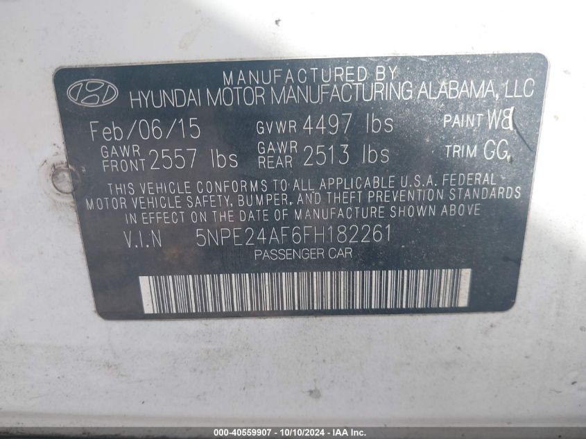 5NPE24AF6FH182261 2015 Hyundai Sonata Se