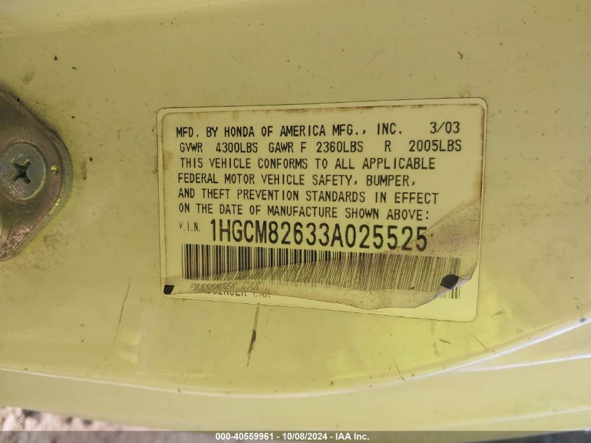 1HGCM82633A025525 2003 Honda Accord 3.0 Ex