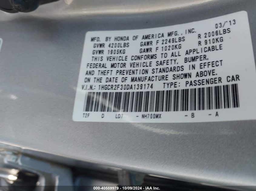 1HGCR2F30DA139174 2013 Honda Accord Lx