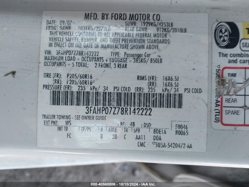 3FAHP07Z78R142222 2008 Ford Fusion Se