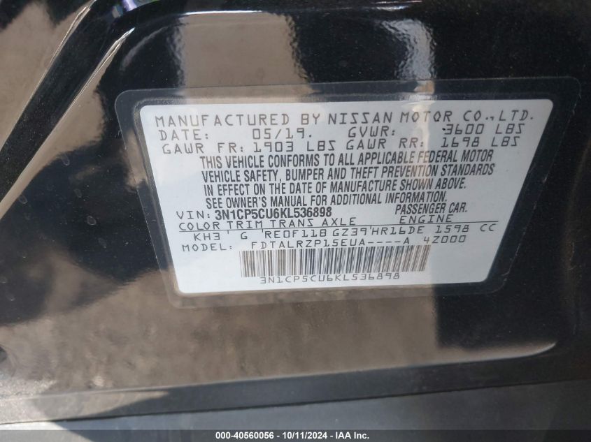 3N1CP5CU6KL536898 2019 Nissan Kicks S/Sr/Sv