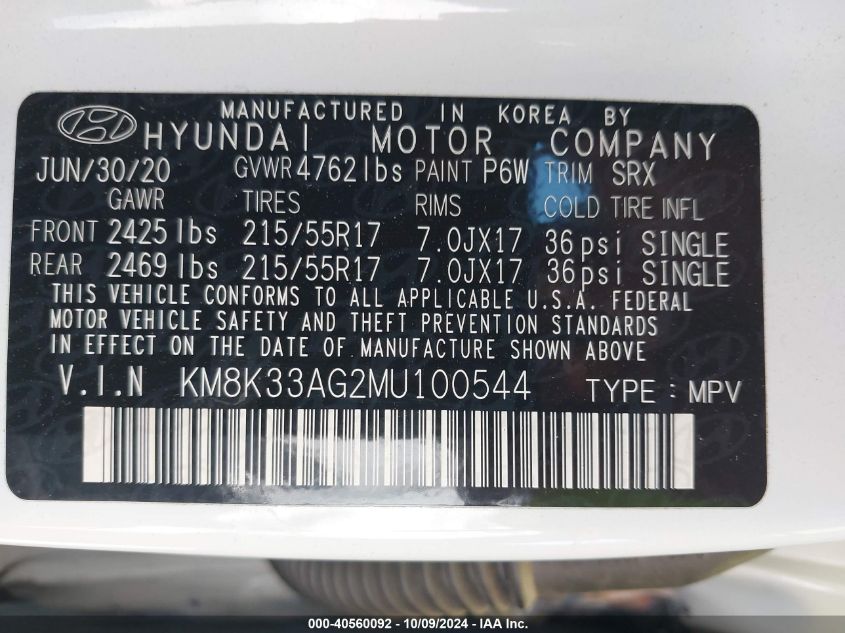 2021 Hyundai Kona Electric Limited VIN: KM8K33AG2MU100544 Lot: 40560092