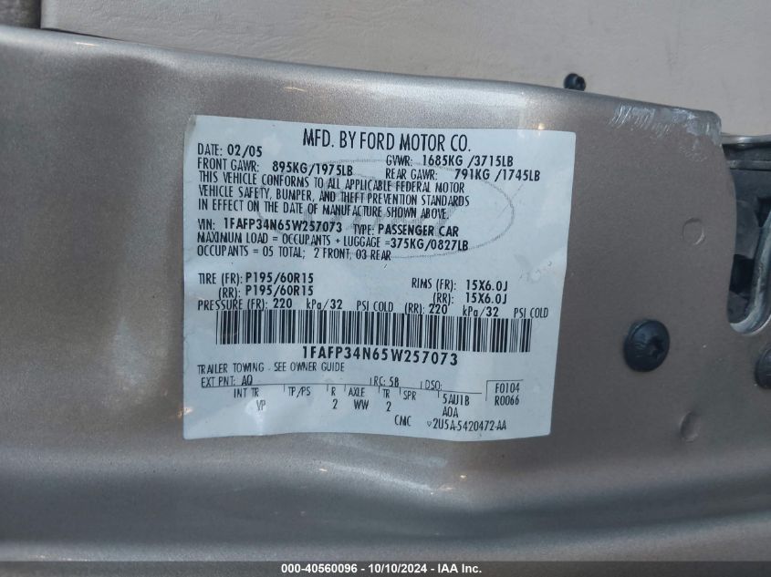 1FAFP34N65W257073 2005 Ford Focus Zx4