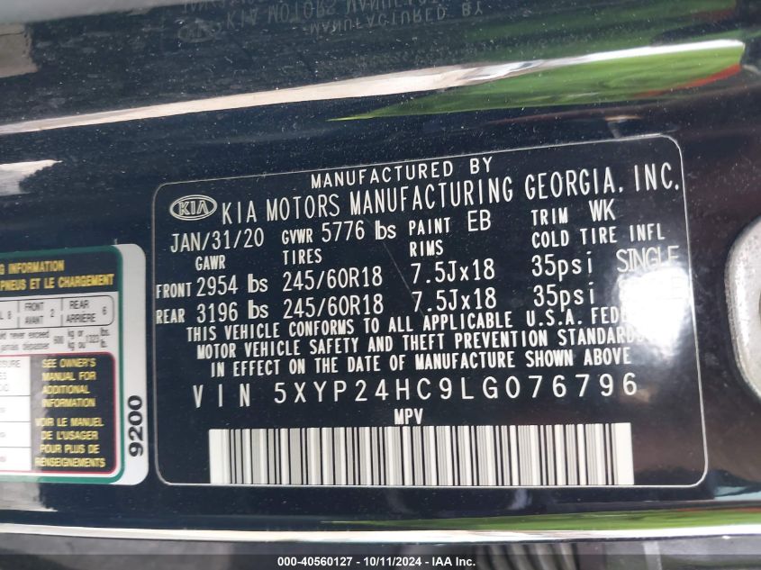 5XYP24HC9LG076796 2020 Kia Telluride Lx