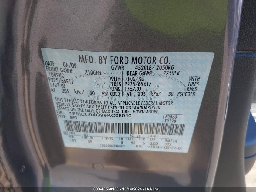 2009 Ford Escape Limited VIN: 1FMCU04G99KC98019 Lot: 40560163
