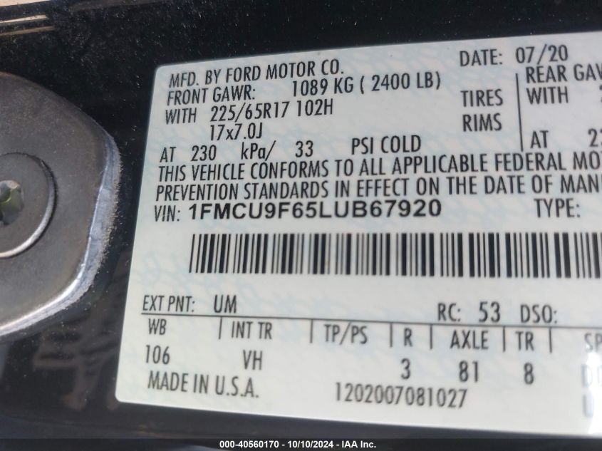 1FMCU9F65LUB67920 2020 Ford Escape S