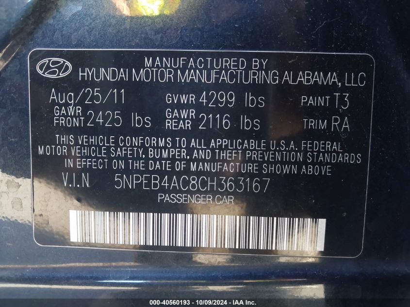 5NPEB4AC8CH363167 2012 Hyundai Sonata Gls