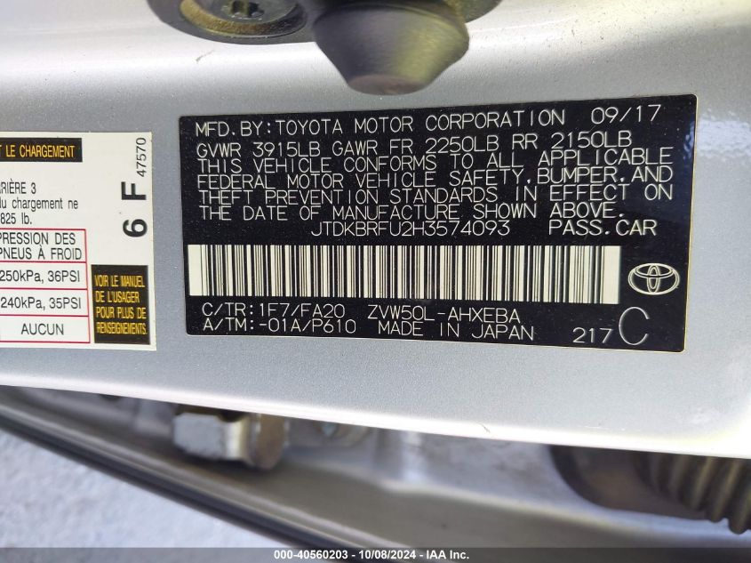 JTDKBRFU2H3574093 2017 Toyota Prius One