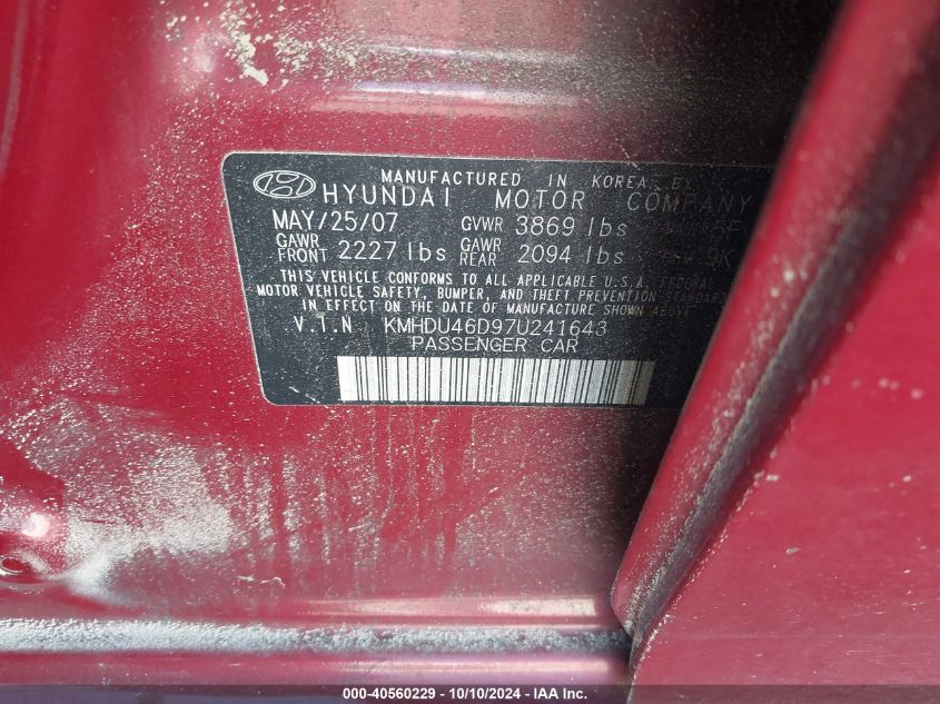 KMHDU46D97U241643 2007 Hyundai Elantra Gls/Limited/Se