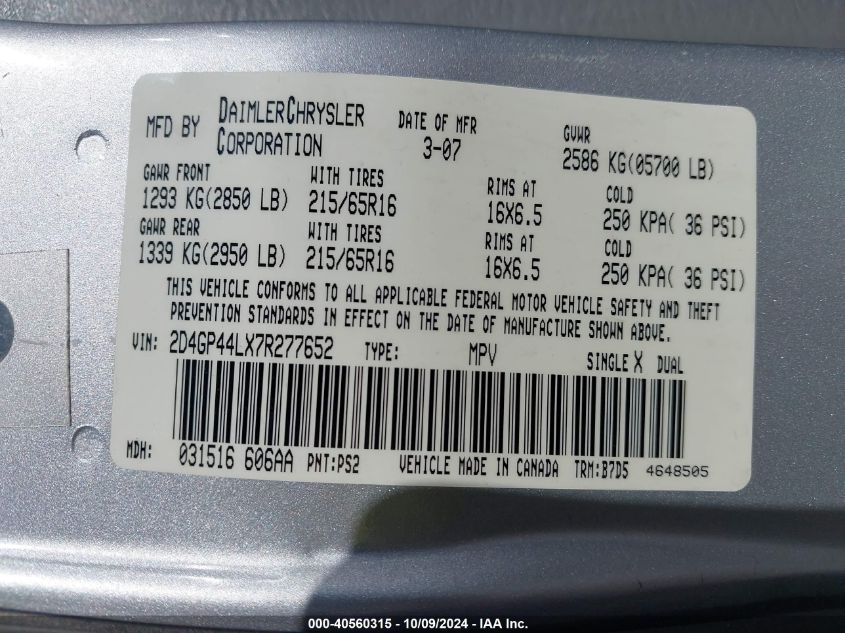 2D4GP44LX7R277652 2007 Dodge Grand Caravan Sxt