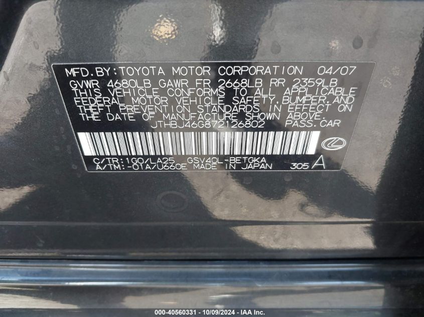 JTHBJ46G872126802 2007 Lexus Es 350