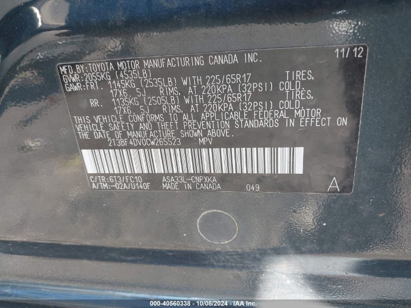 2T3BF4DV0CW265523 2012 Toyota Rav4