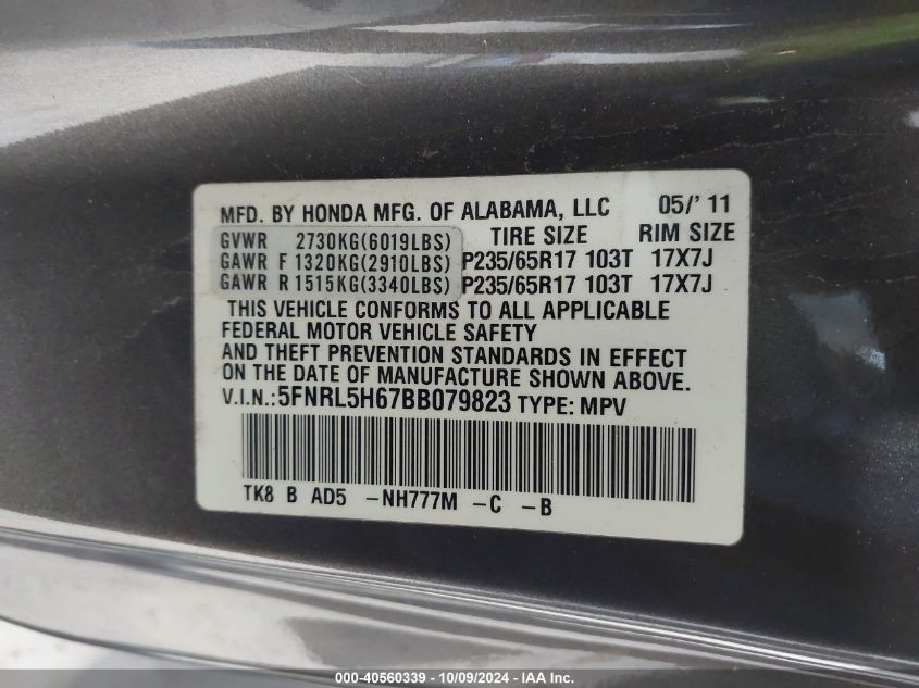 5FNRL5H67BB079823 2011 Honda Odyssey Ex-L