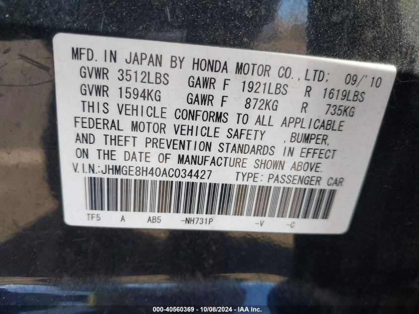 JHMGE8H40AC034427 2010 Honda Fit Sport