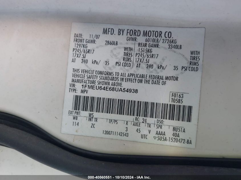 1FMEU64E68UA54938 2008 Ford Explorer Eddie Bauer