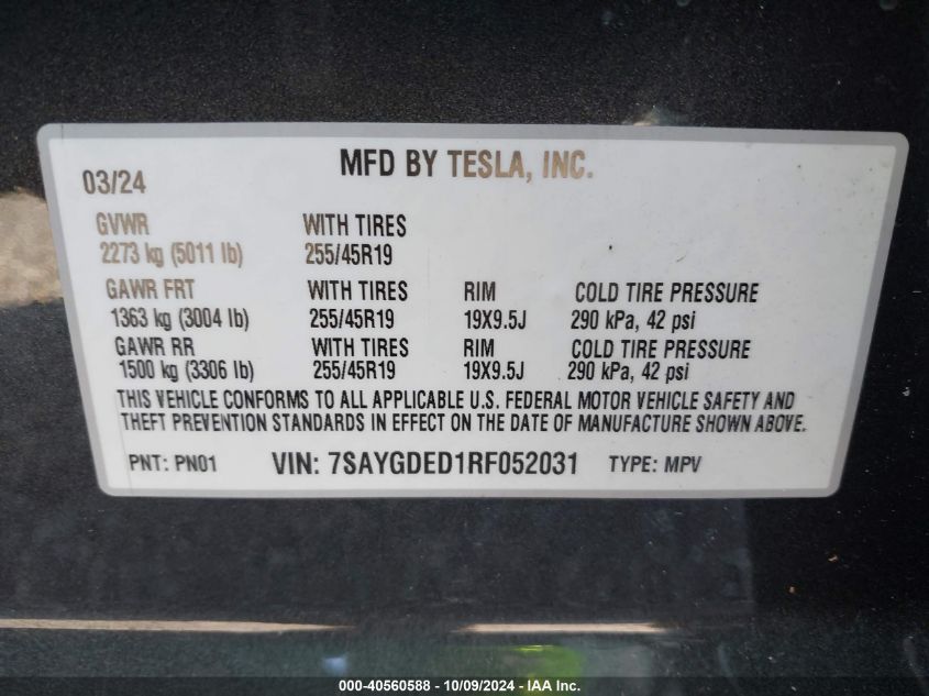 7SAYGDED1RF052031 2024 Tesla Model Y