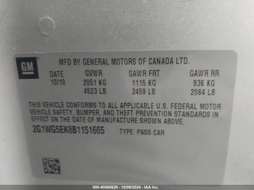 2G1WG5EK8B1151665 2011 Chevrolet Impala Lt