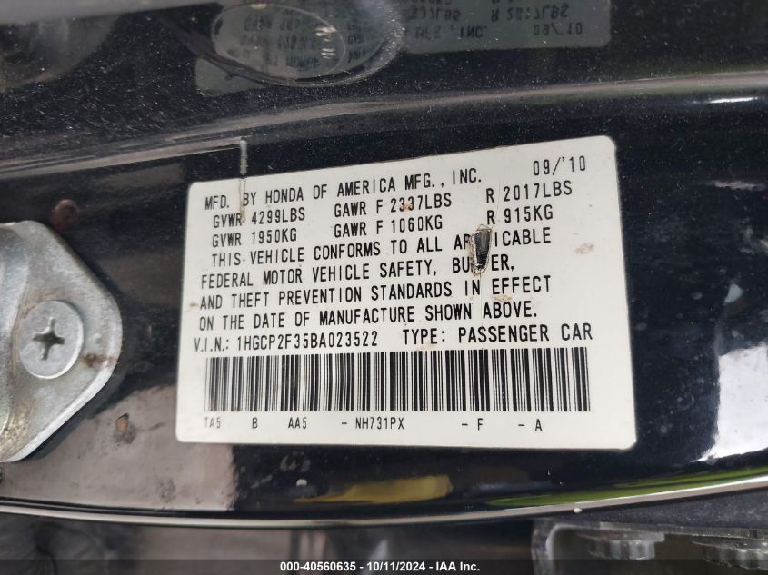 1HGCP2F35BA023522 2011 Honda Accord 2.4 Lx