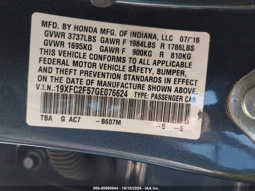 19XFC2F57GE076624 2016 Honda Civic Lx