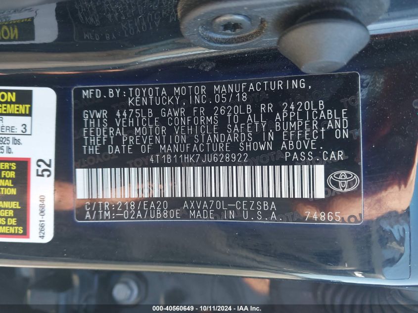 4T1B11HK7JU628922 2018 Toyota Camry Se