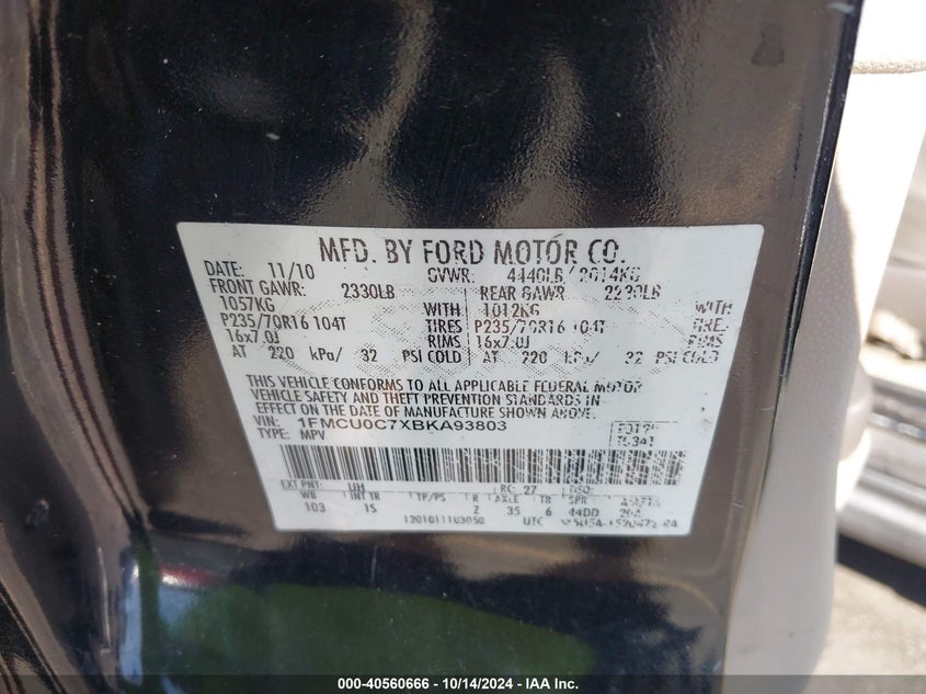 2011 Ford Escape Xls VIN: 1FMCU0C7XBKA93803 Lot: 40560666