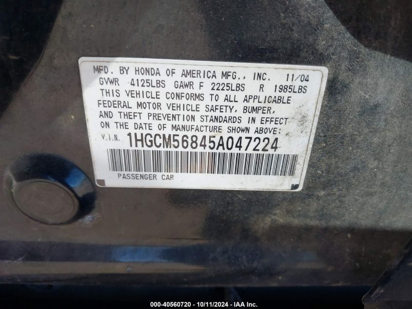 1HGCM56845A047224 2005 Honda Accord 2.4 Ex