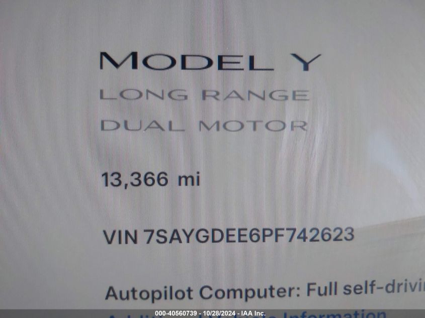 2023 Tesla Model Y Awd/Long Range Dual Motor All-Wheel Drive VIN: 7SAYGDEE6PF742623 Lot: 40560739