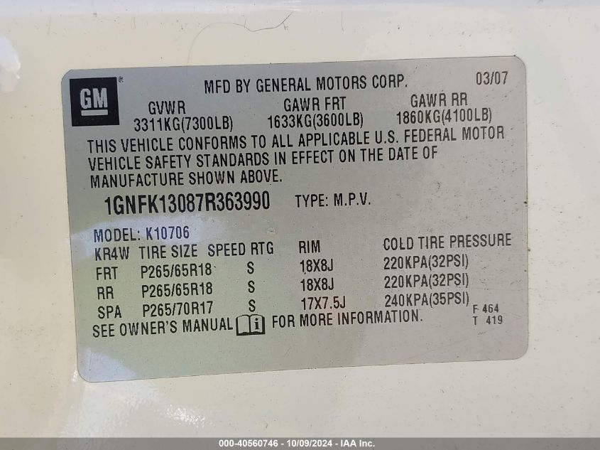 1GNFK13087R363990 2007 Chevrolet Tahoe Lt