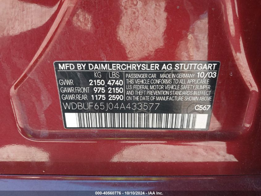 WDBUF65J04A433577 2004 Mercedes-Benz E 320