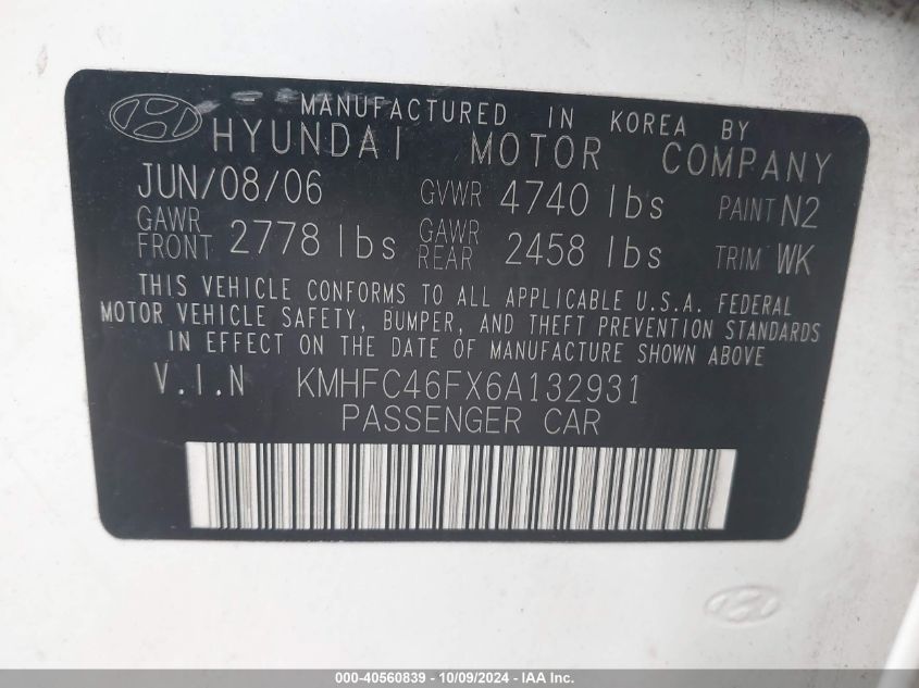 KMHFC46FX6A132931 2006 Hyundai Azera Limited/Se