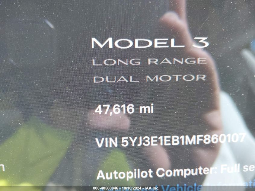 2021 Tesla Model 3 VIN: 5YJ3E1EB1MF860107 Lot: 40560846