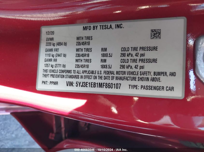 2021 Tesla Model 3 VIN: 5YJ3E1EB1MF860107 Lot: 40560846