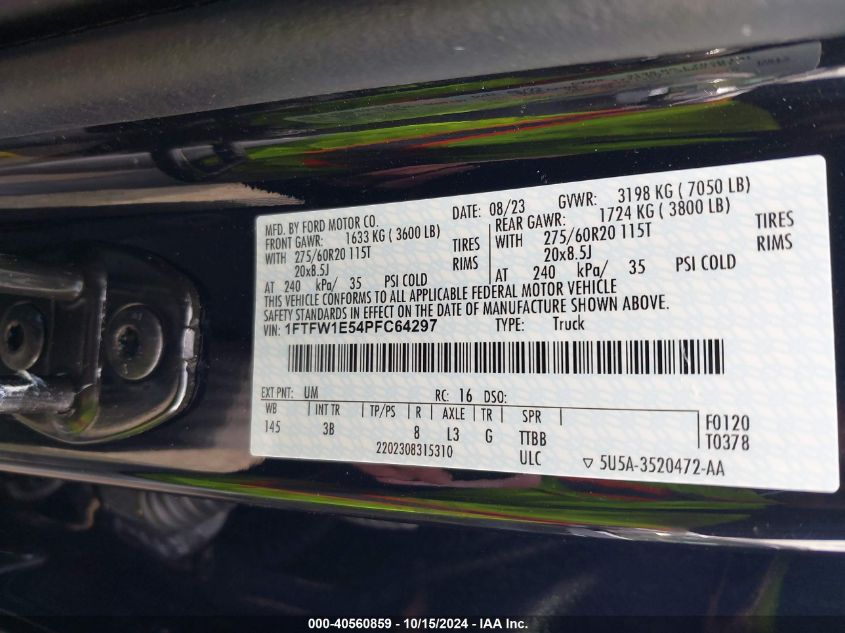 2023 Ford F-150 Platinum VIN: 1FTFW1E54PFC64297 Lot: 40560859